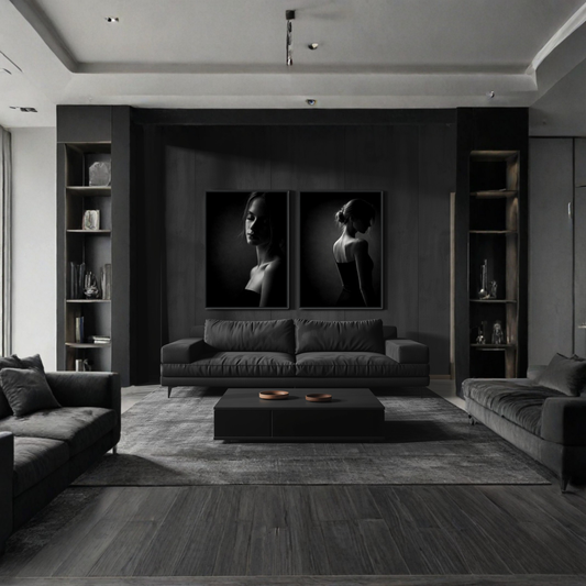Framed fine art prints of Noir Studies Tension Pair by LunarHeartCo, featuring abstract black and white artwork on white frames.