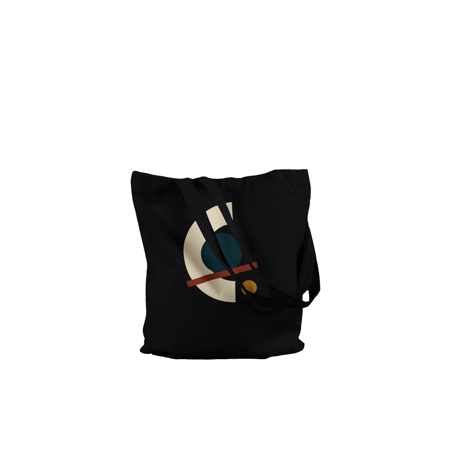 Folded THE ALIGNMENT black cotton tote showing its ivory, petrol, oxblood and ochre abstract artwork.