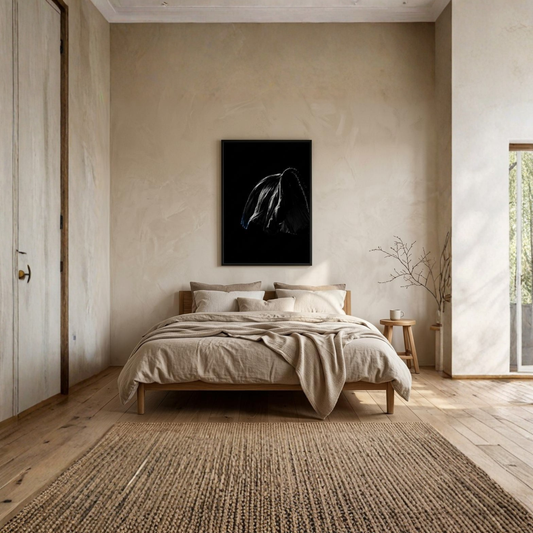 Framed fine art print "DESCENT II — RELEASE" by LunarHeartCo, 50×70 cm, featuring abstract artwork in a sleek frame.