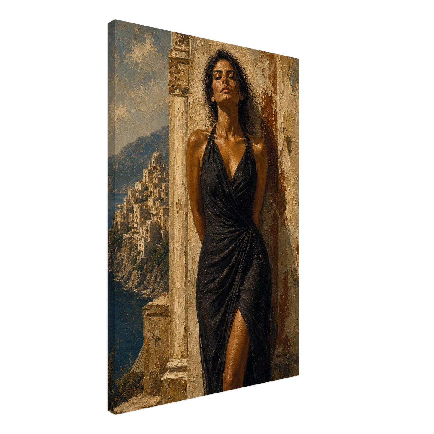 Gallery-wrapped canvas detail of Salt & Stone with warm stone texture, coastal light and artwork continuing around the edges.