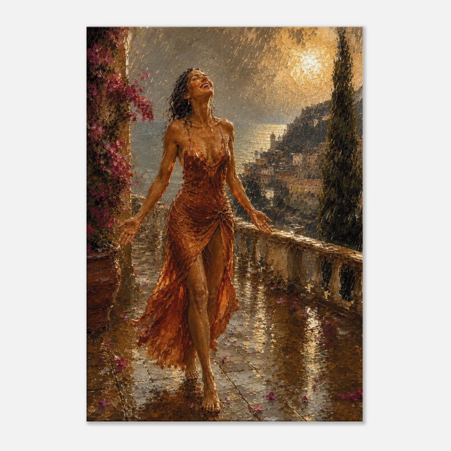 Close-up of painterly canvas art with falling rain, wet stone, terracotta fabric and golden sunlight.