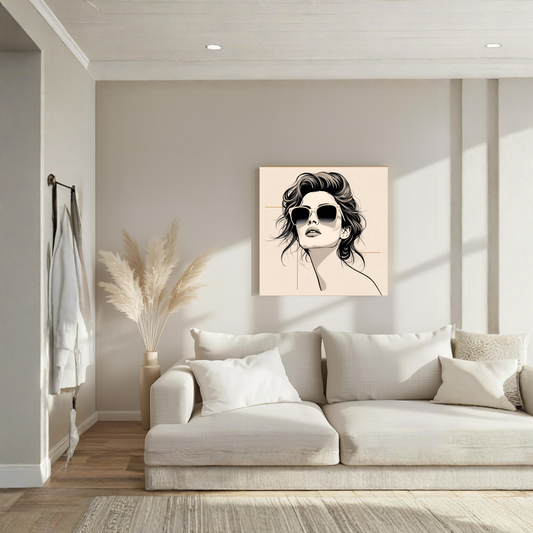 Minimalist Fashion Portrait – Sunglass Line-Art Woman 16×16 Canvas Print - LunarHeartCo