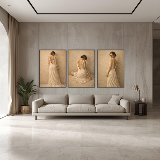 Stillness, Held — Complete 3-Piece Series, Contemporary Figurative Framed Art (50×70 cm) - LunarHeartCo