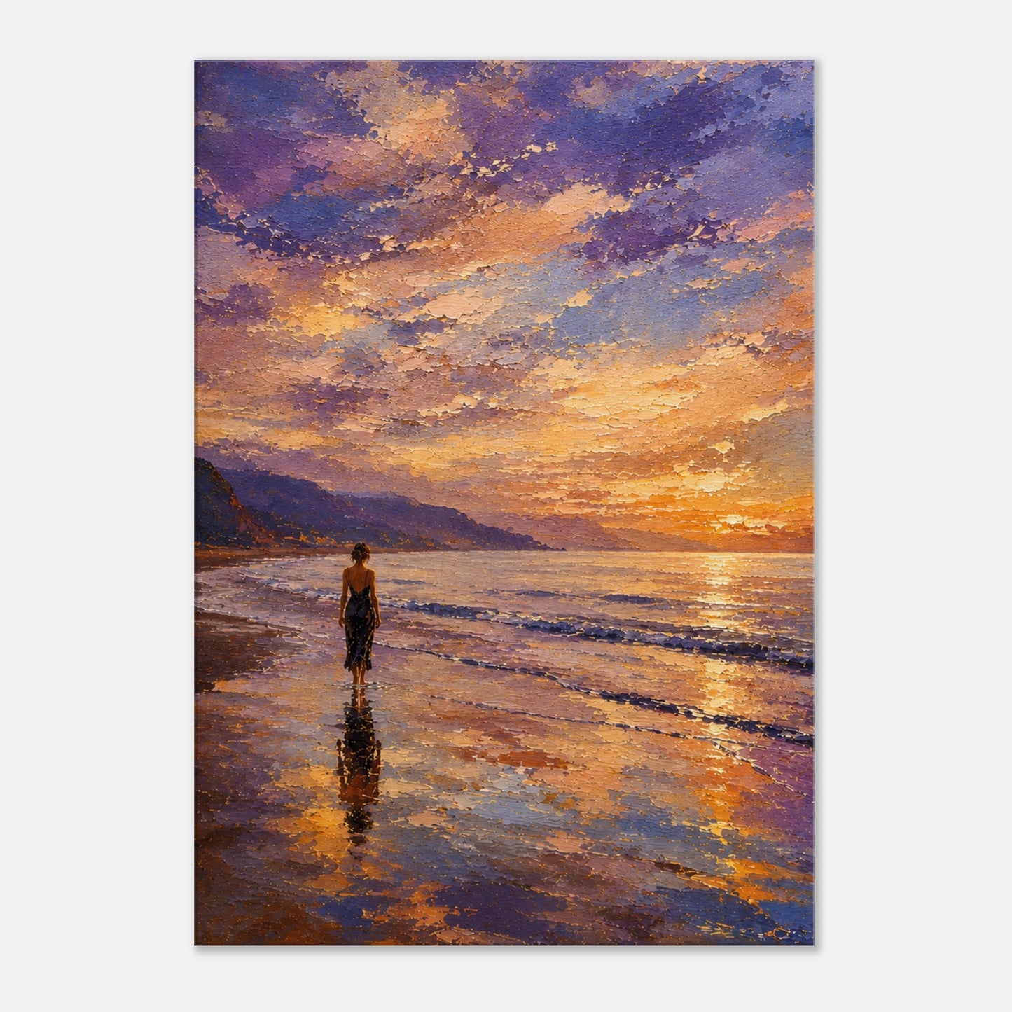 Close-up of painterly Mediterranean canvas art with reflected sunset light, wet shoreline, violet sky and solitary figure.