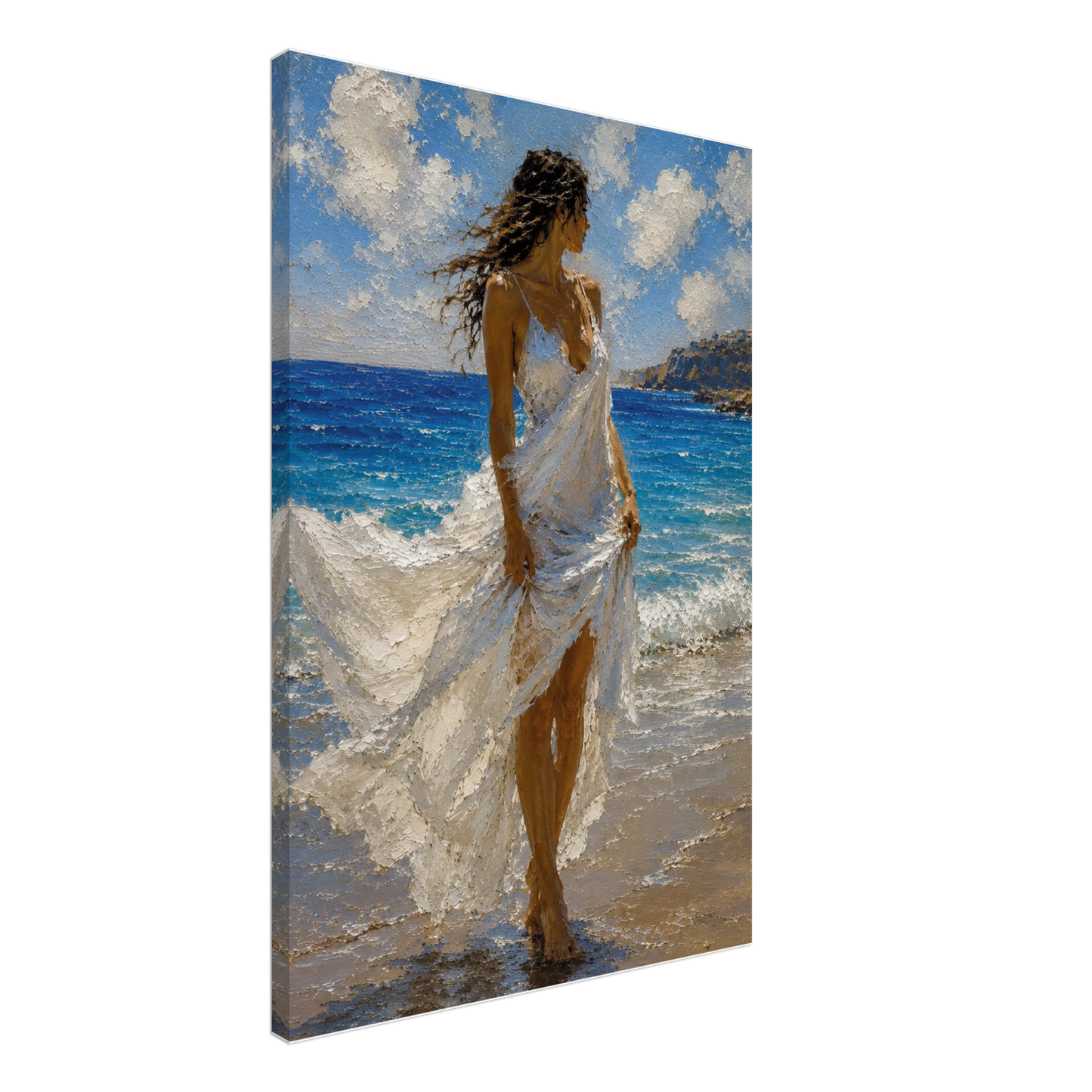 Gallery-wrapped canvas detail of Windswept with blue sea, white fabric and artwork continuing around the edges.