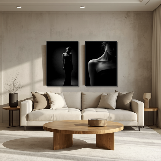 Framed art prints of Noir Studies Foundation Pair by LunarHeartCo, featuring Muse I & II with minimalist black and white designs.
