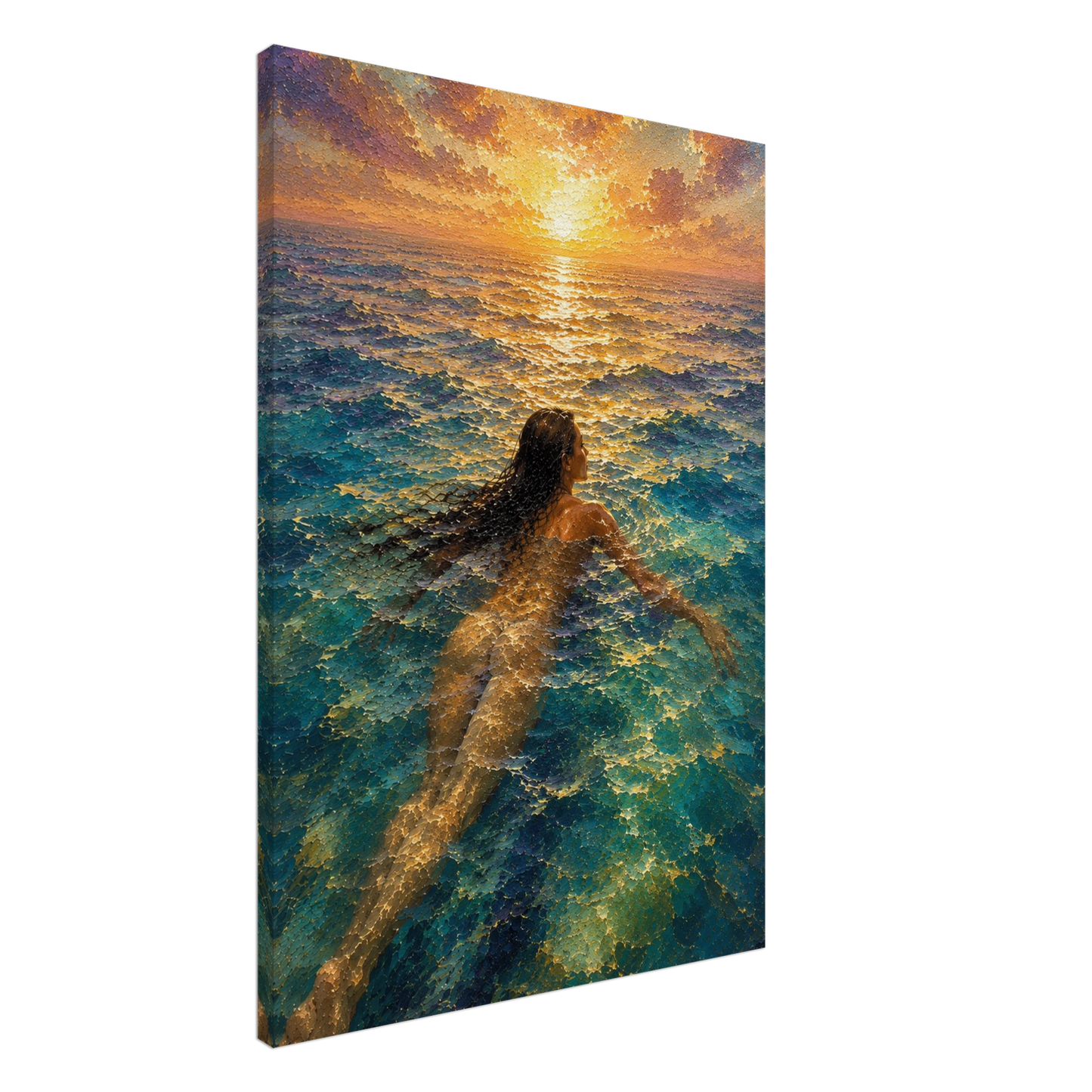 Gallery-wrapped canvas detail of The Current with turquoise water, golden sunset reflection and artwork continuing around the edges.