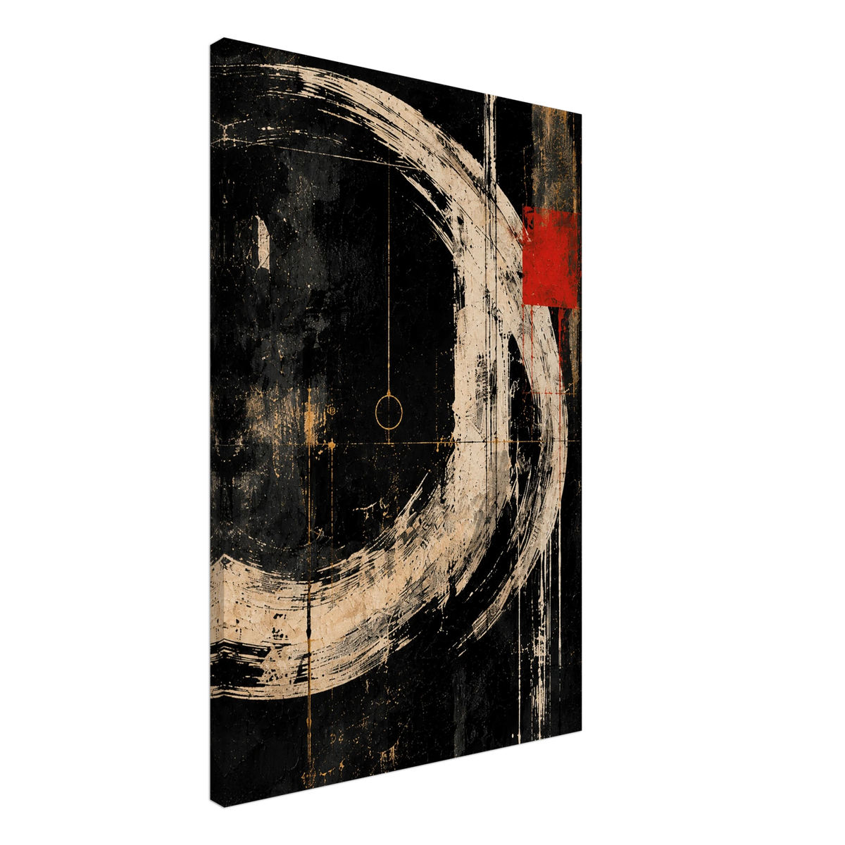 Angled view of Orbit gallery-wrapped canvas with black, ivory, red and gold abstract details.