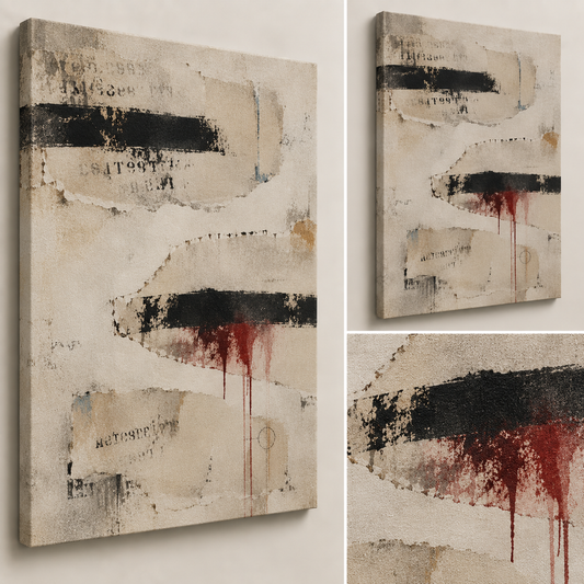 Close-up and angled views of Redacted showing layered cream texture, dark brushwork and burgundy pigment details.