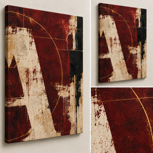 Close-up and angled views of Faultline showing textured burgundy, ivory, black and gold painterly details.