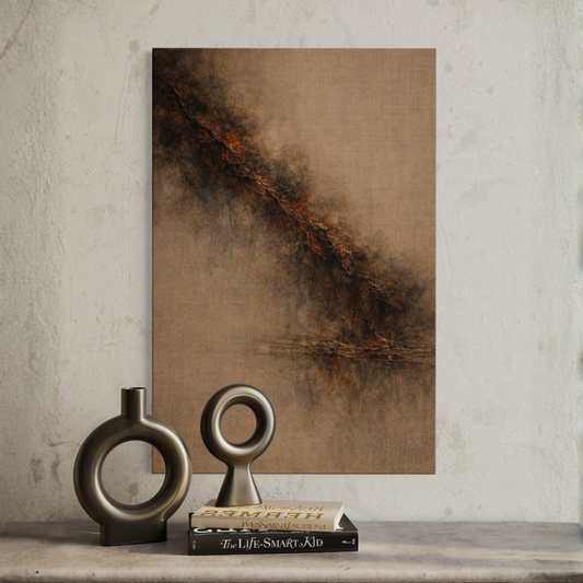 Diagonal shear canvas art piece from LunarHeartCo's STRATA II collection, featuring abstract geometric patterns in muted tones.