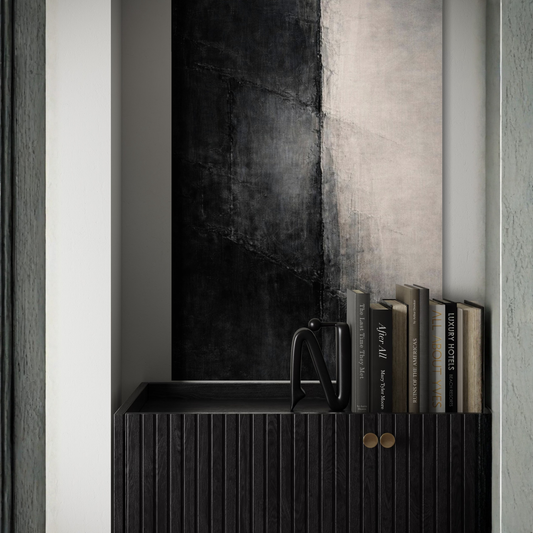 Vertical canvas art print titled "DIVIDE I" by LunarHeartCo, featuring abstract geometric design in shades of gray and black.