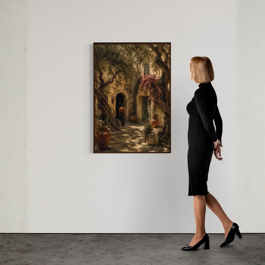 The Courtyard framed Mediterranean wall art featuring ancient stone architecture, olive trees, flowering vines, and a secluded Mediterranean courtyard.