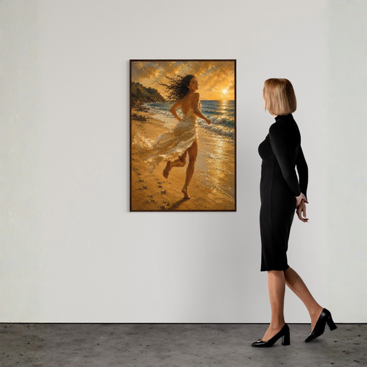 Mediterranean sunset wall art showing a woman running along the shoreline in a flowing white dress beneath golden evening light.