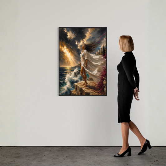 Mediterranean storm wall art showing a woman in flowing white fabric standing above a turbulent sea as sunlight breaks through dark clouds.
