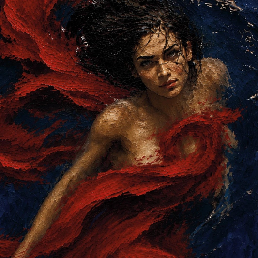 Close-up of Crimson Undertow showing thick impasto across crimson fabric and dark blue water.