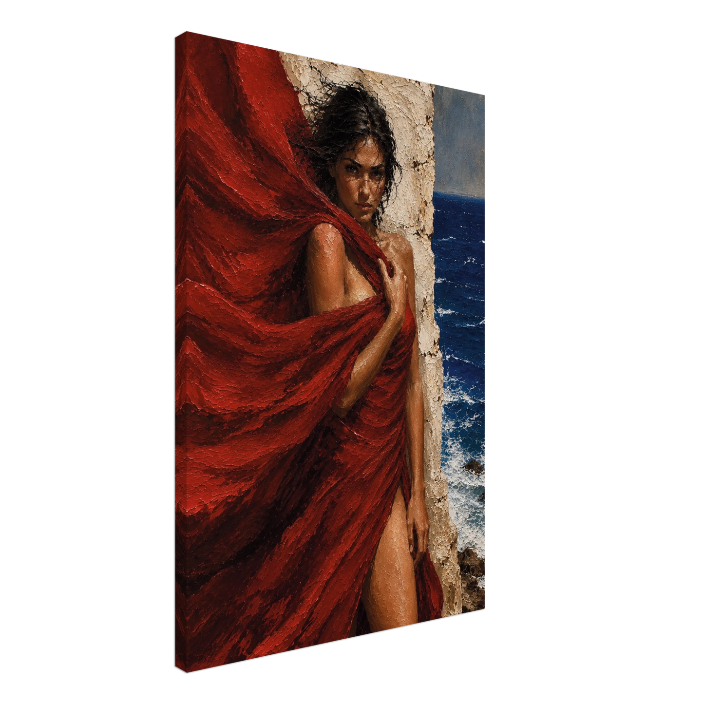 Side view of The Red Veil canvas showing the hand-stretched profile and wrapped artwork edges.