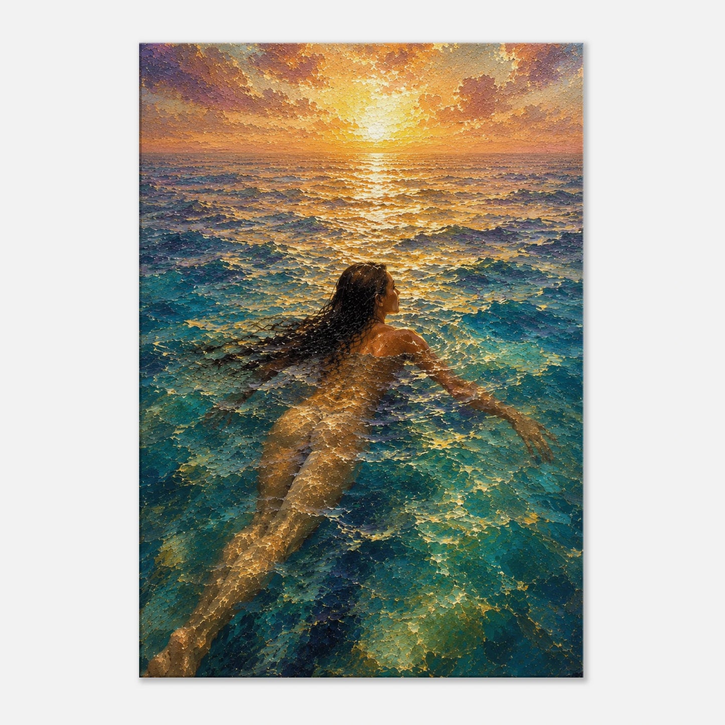 Gallery-wrapped canvas detail of The Current with turquoise water, golden sunset reflection and artwork continuing around the edges.