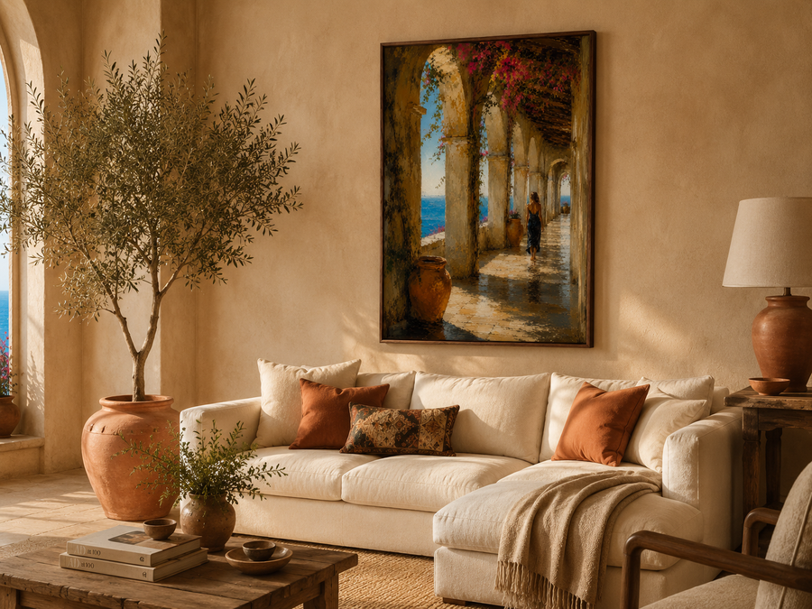 Mediterranean living room with large framed figurative art print above linen sofa, terracotta accents, olive tree and warm plaster walls