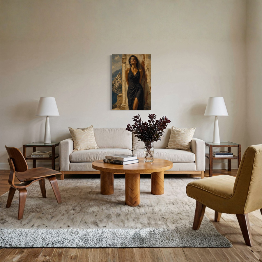 Large canvas wall art above sofa in Mediterranean living room