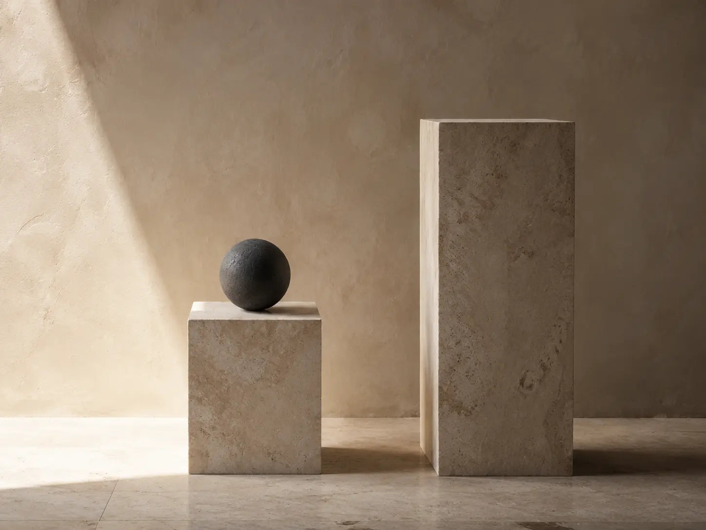Charcoal sphere on the lower of two stone plinths, representing accepting less than a known standard