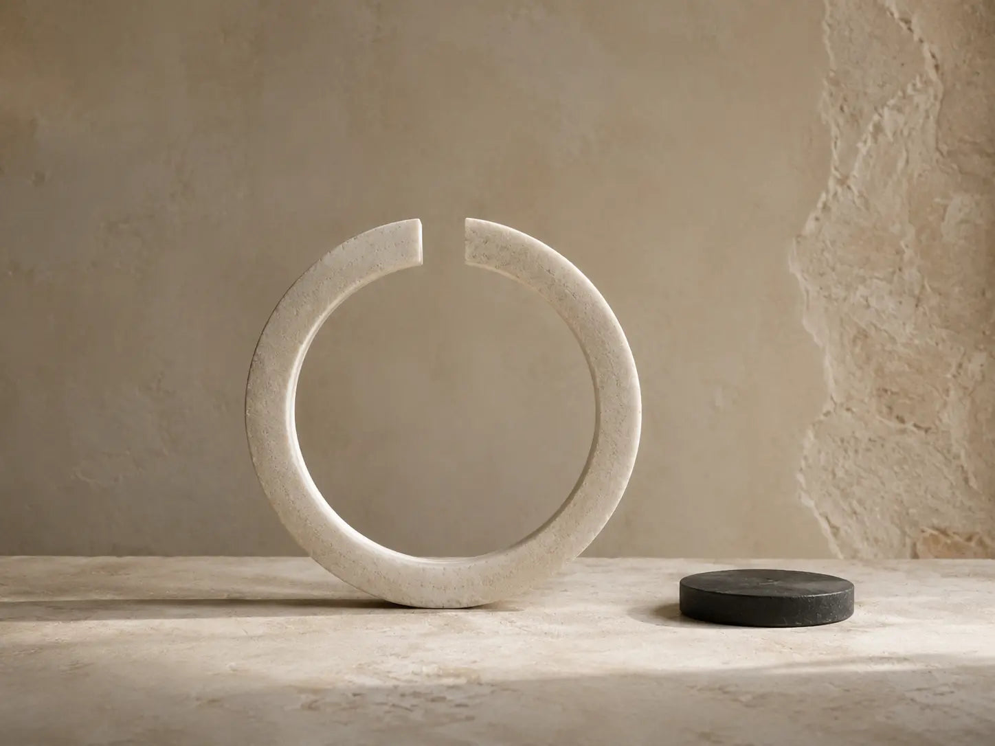 Open stone circle beside a charcoal disc, representing peace without forced closure