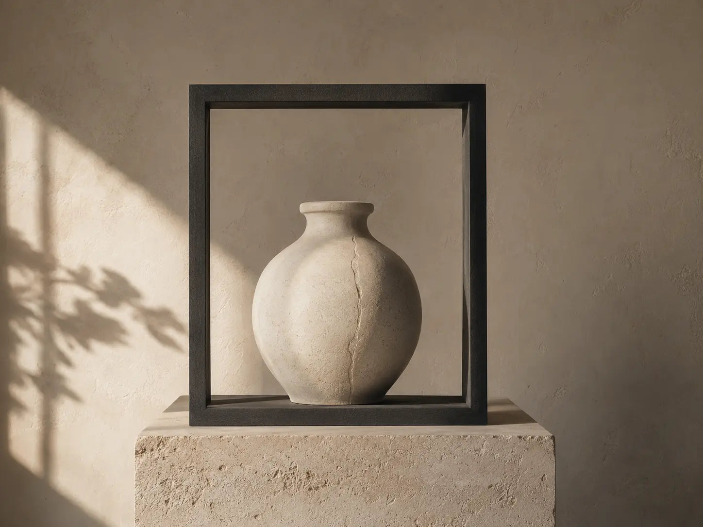 Restored stone vessel inside a charcoal frame, representing healing followed by structure