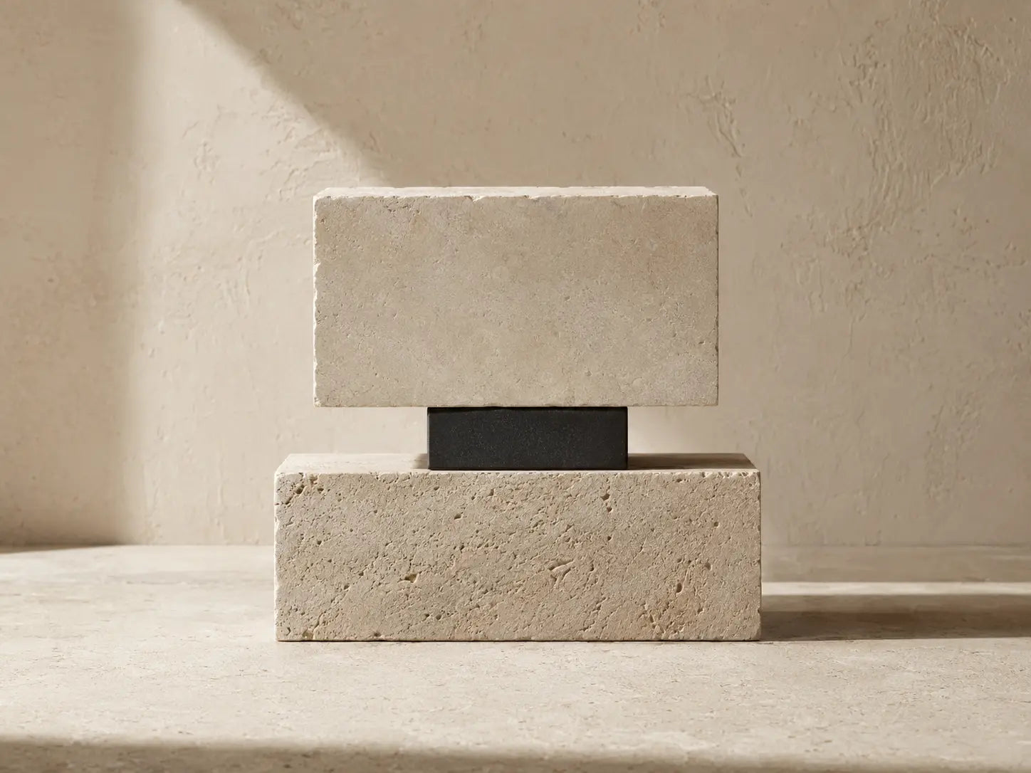 Balanced limestone blocks joined by a charcoal support, representing rebuilding self-worth through structure