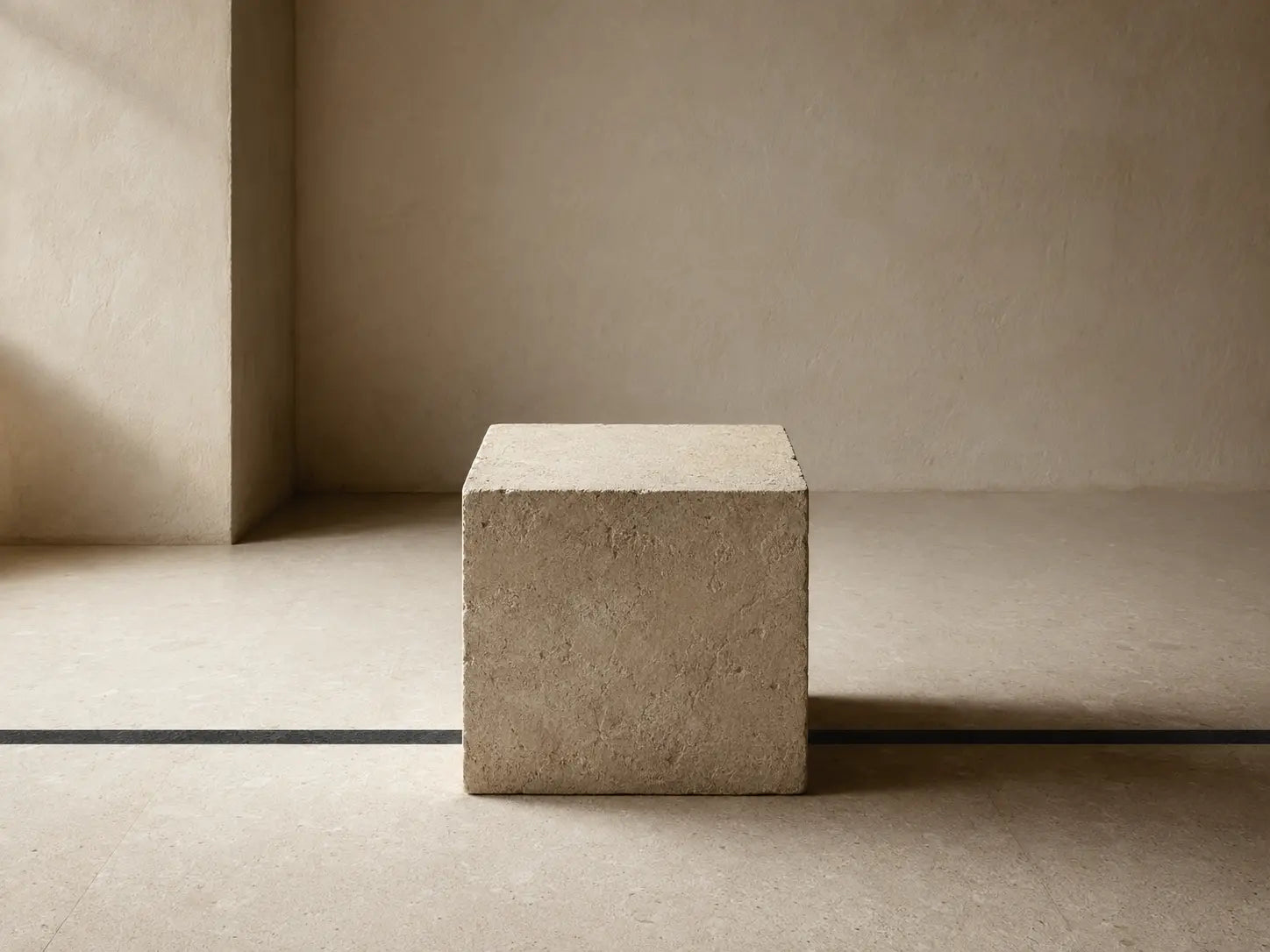 Limestone cube crossing a black boundary line, representing standards without enforcement