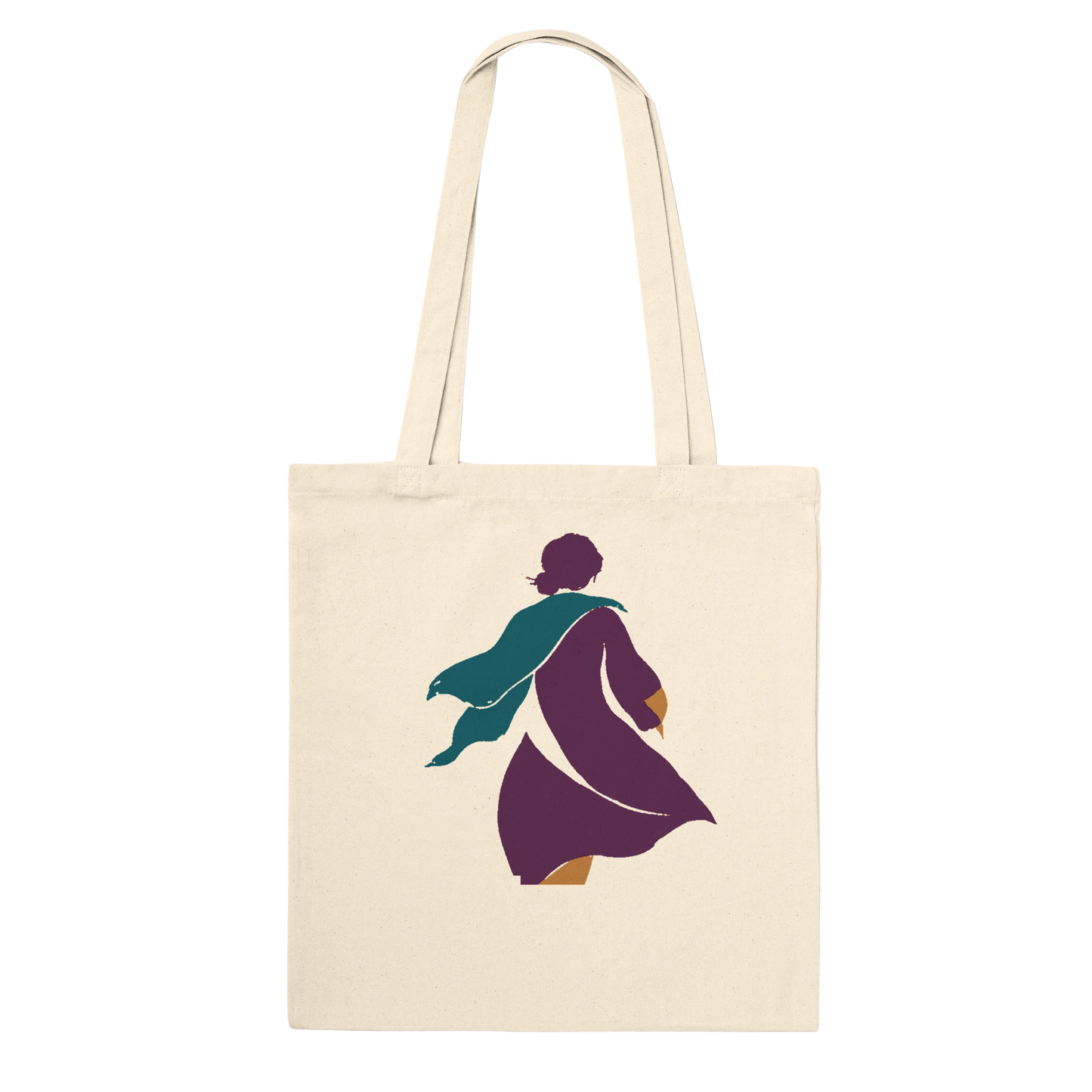 THE TURN natural cotton art tote featuring an aubergine woman in motion with a flowing petrol-blue scarf.