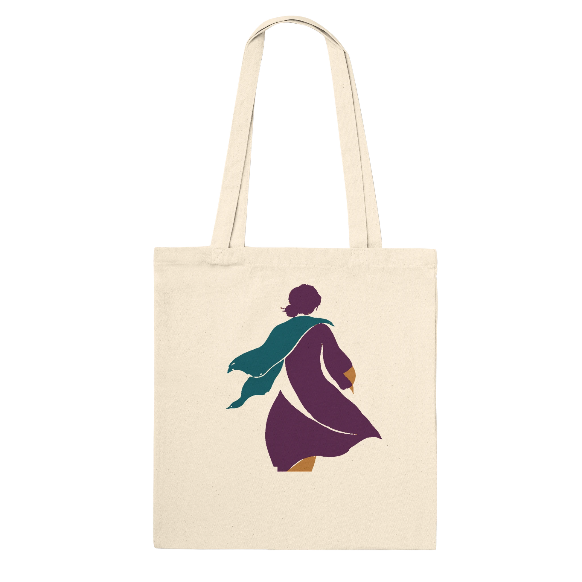 THE TURN natural cotton art tote featuring an aubergine woman in motion with a flowing petrol-blue scarf.