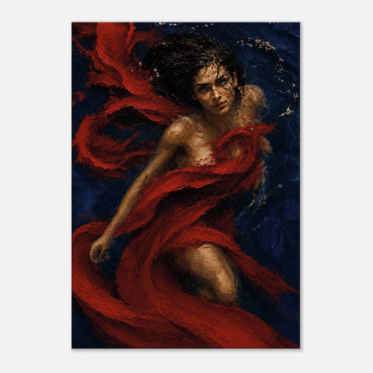Crimson Undertow underwater woman canvas art with red fabric moving through deep cobalt water.
