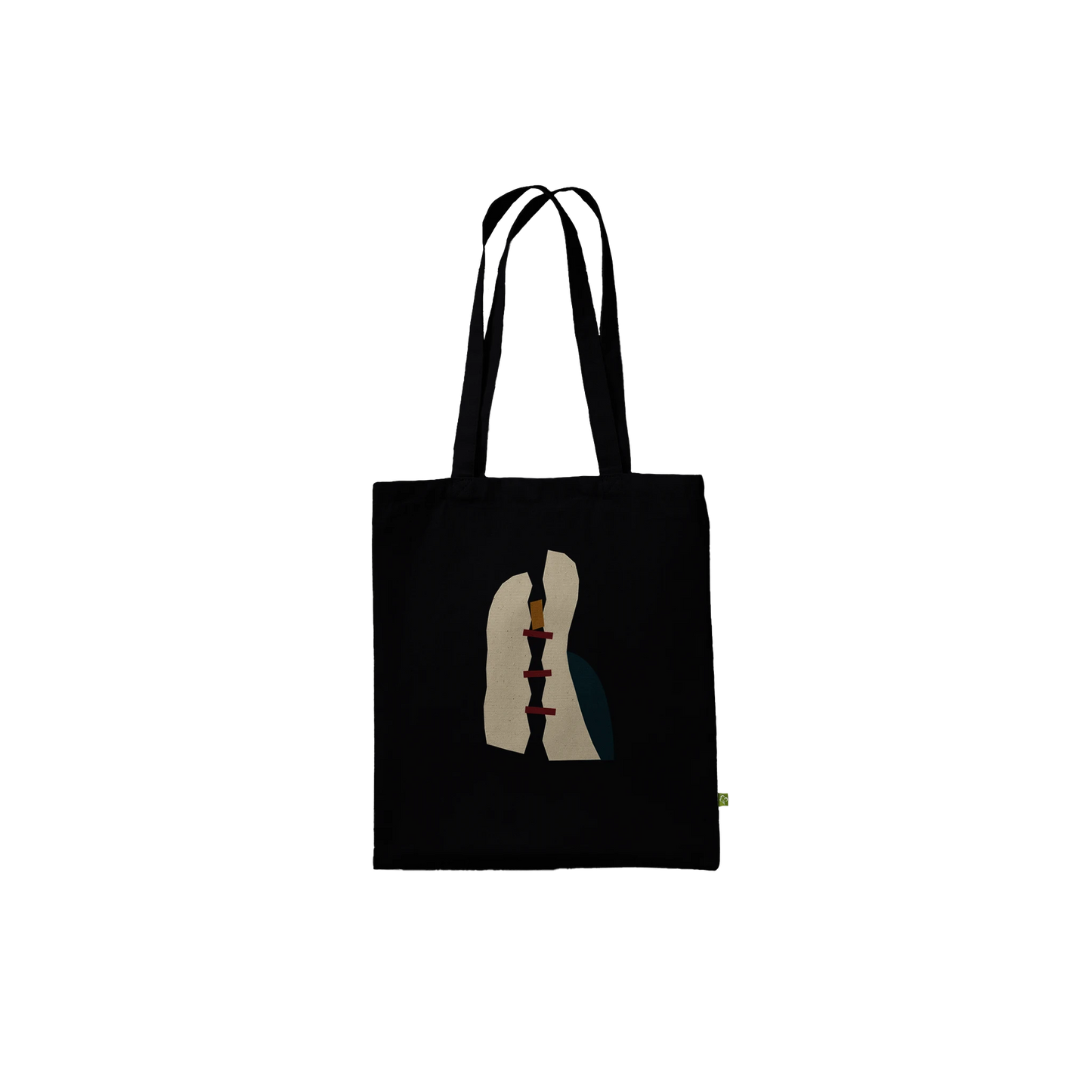 Front view of THE MENDING black cotton tote featuring fractured ivory planes joined by three oxblood bars.