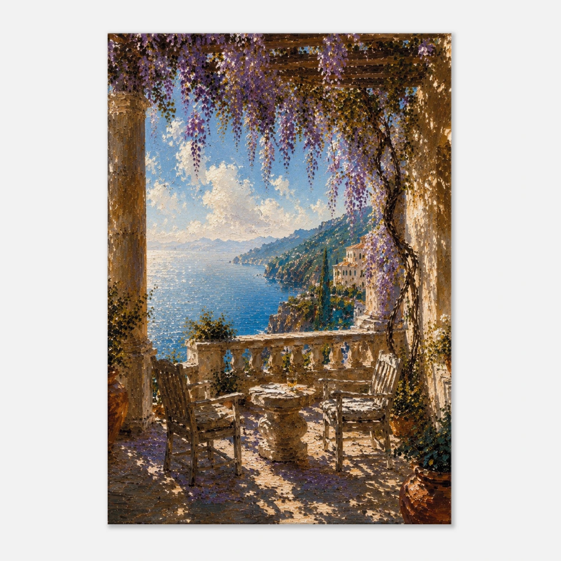 Close-up of painterly Mediterranean canvas art with cascading wisteria, stone terrace, sea view and textured coastal light.