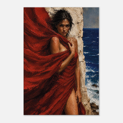 The Red Veil Mediterranean canvas art featuring a woman wrapped in crimson fabric beside a deep blue sea.
