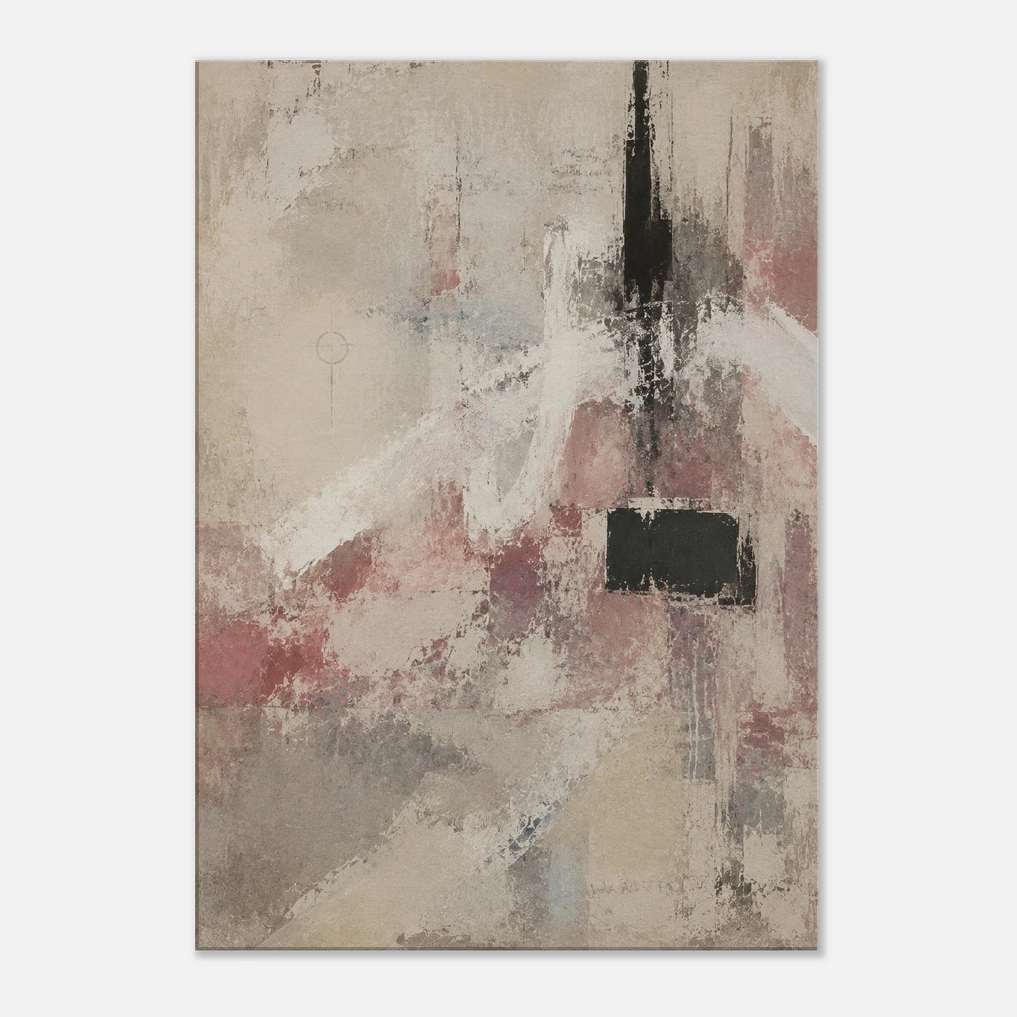 The Unsaid neutral abstract canvas art with layered cream, beige, burgundy, grey and black marks.