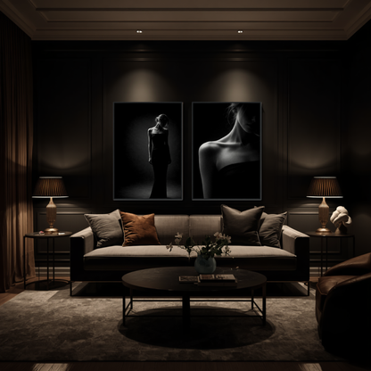 Framed fine art prints of "Noir Studies" Foundation Pair by LunarHeartCo, featuring elegant black and white abstract designs.