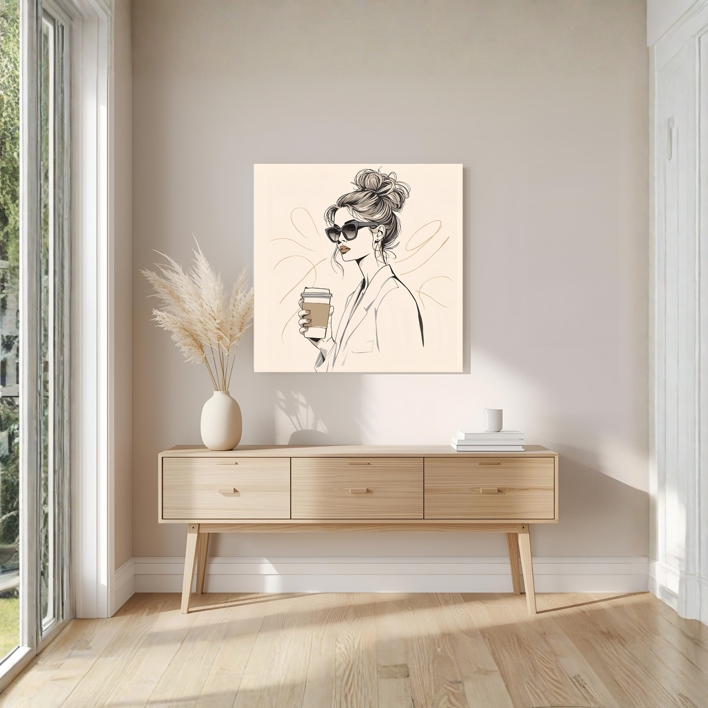 Beige Line-Art Coffee Girl – 16×16 Minimal Fashion Canvas Wall Art - LunarHeartCo