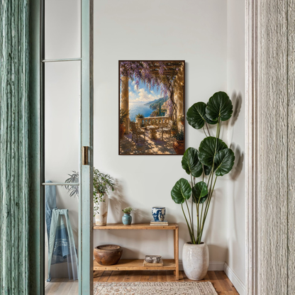 Framed wall art print titled "The Terrace" featuring a Mediterranean scene, by LunarHeartCo, with vibrant colors and scenic details.