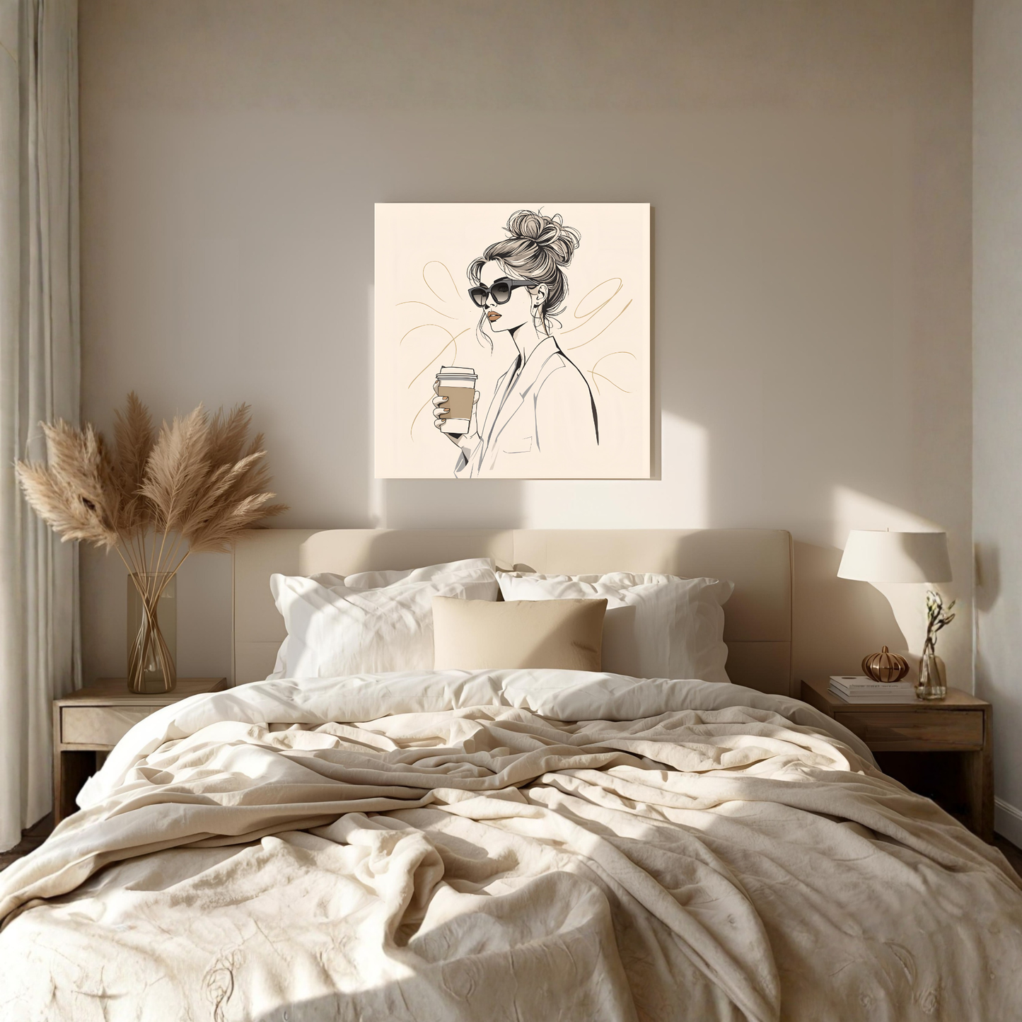 Beige Line-Art Coffee Girl – 16×16 Minimal Fashion Canvas Wall Art - LunarHeartCo