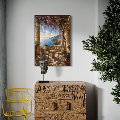 Framed wall art print titled "The Terrace" by LunarHeartCo, featuring a Mediterranean-inspired scene with vibrant colors.