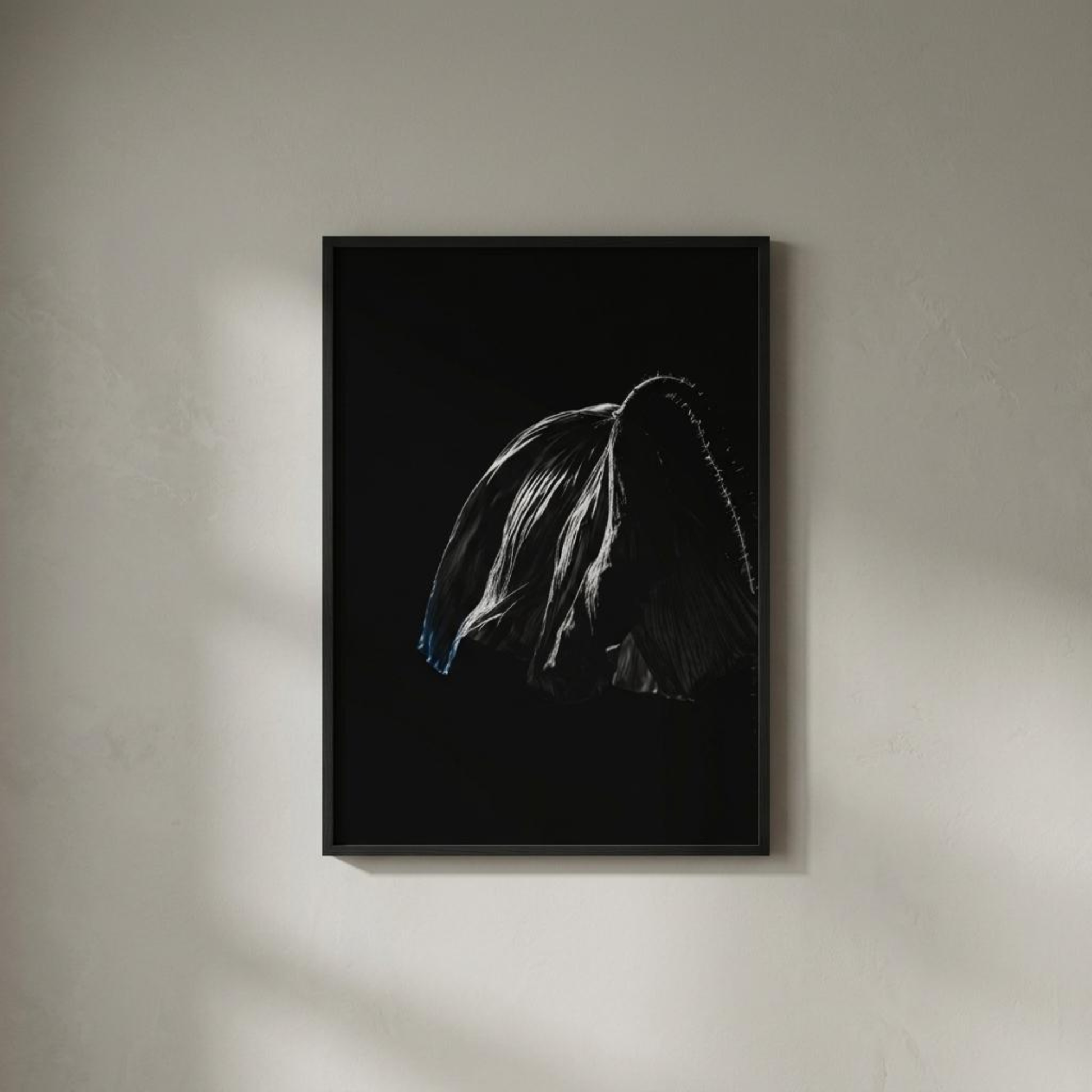 LunarHeartCo DESCENT II framed fine art print, 50×70 cm, featuring abstract, colorful artwork in a wooden frame on a white background.