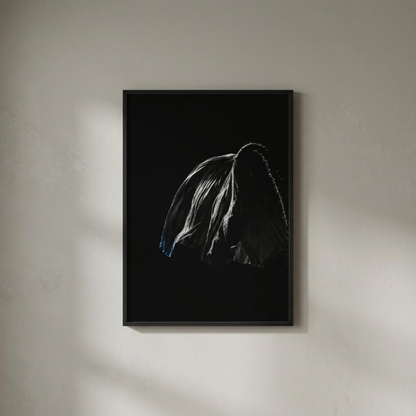 LunarHeartCo DESCENT II framed fine art print, 50×70 cm, featuring abstract, colorful artwork in a wooden frame on a white background.