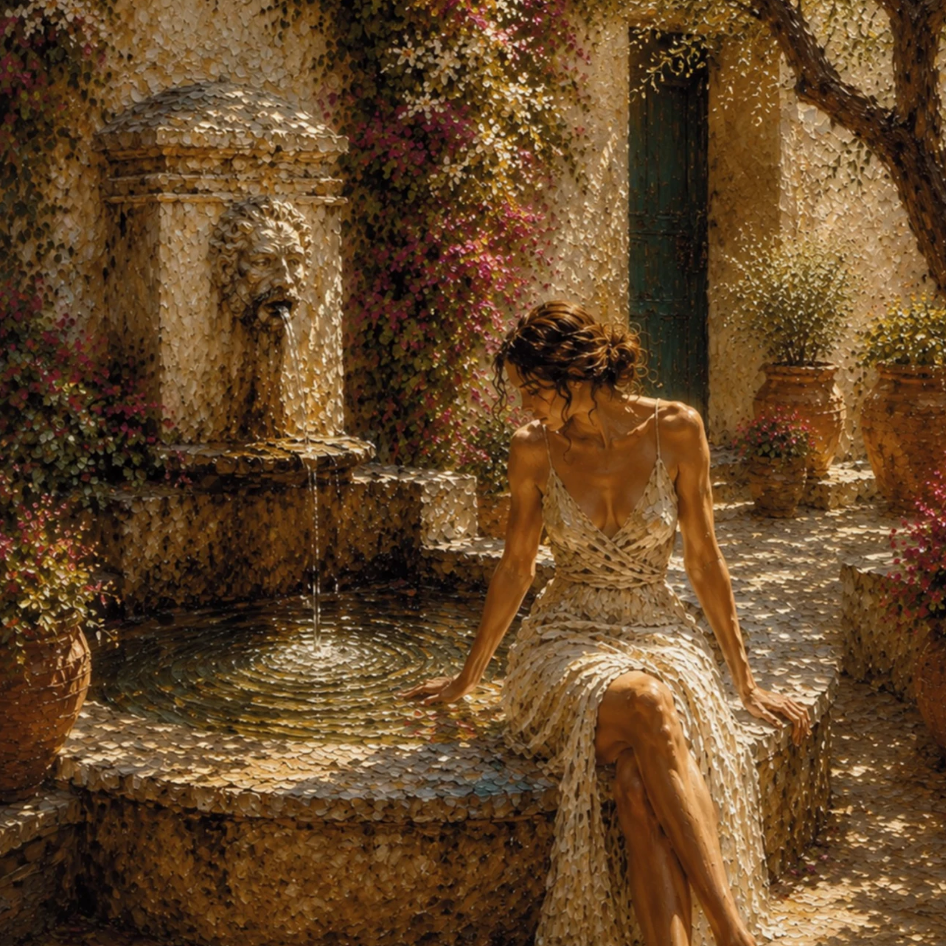 Close-up of Mediterranean courtyard wall art with stone fountain, water ripples, terracotta pots, flowers, and seated figure.