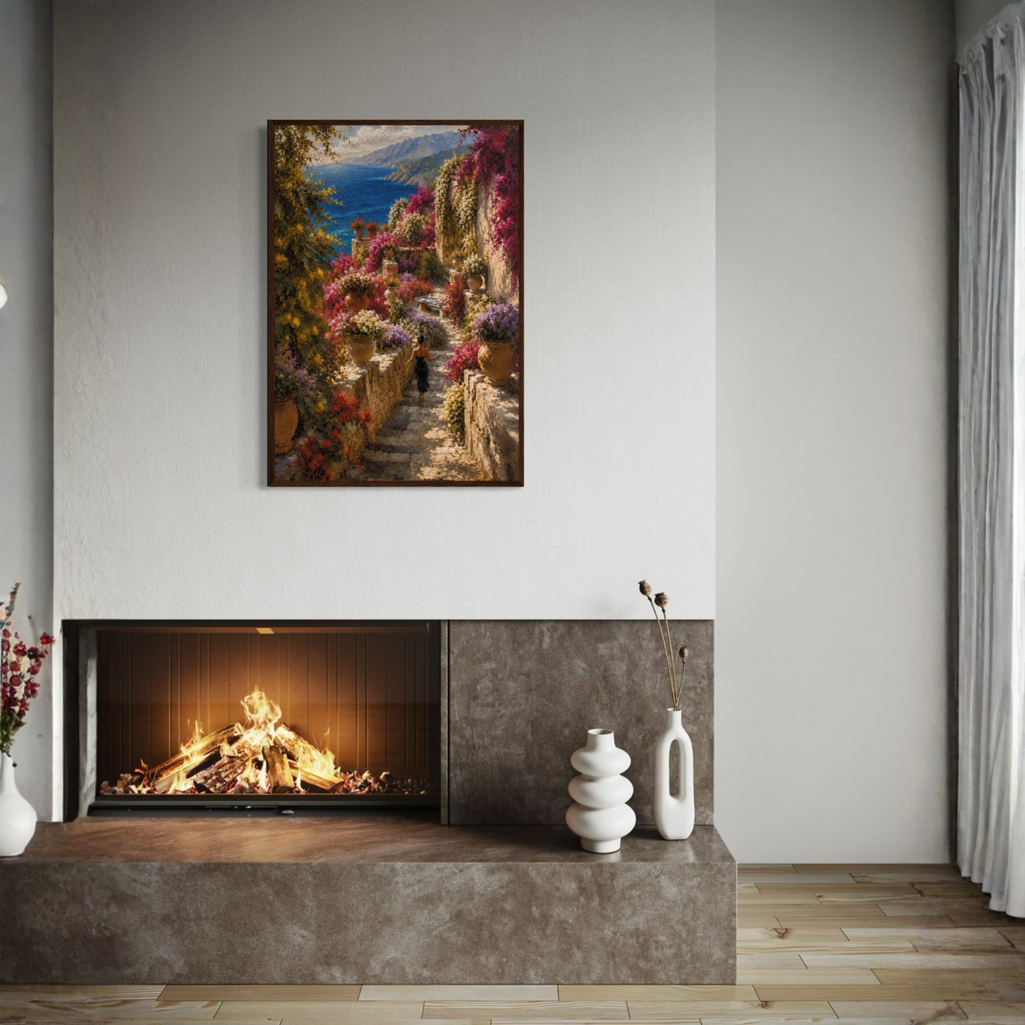 Framed art print titled "The Garden" by LunarHeartCo featuring Mediterranean-inspired landscape artwork in a sleek frame.