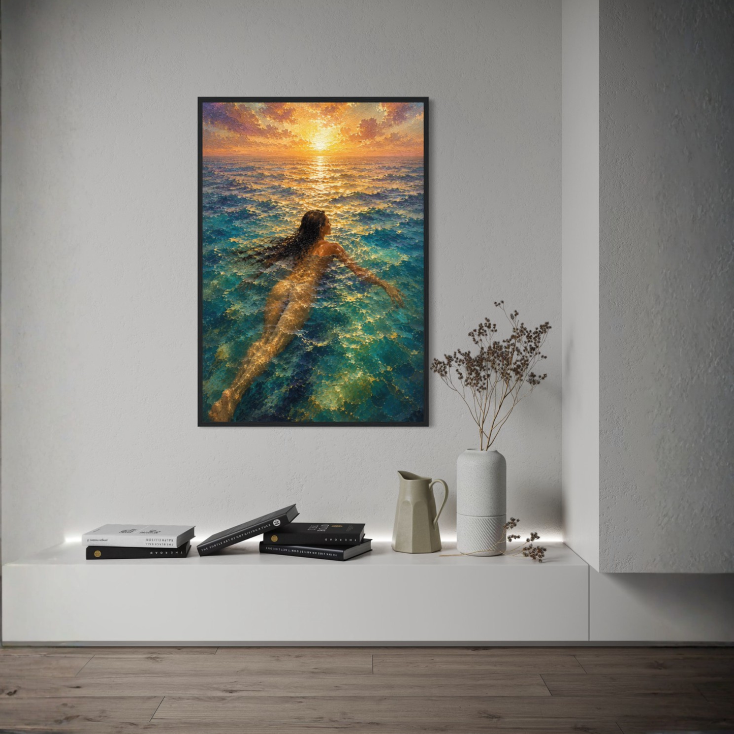 Close-up of Mediterranean sea wall art with turquoise water, golden sunset reflection, painterly texture and a lone figure swimming.