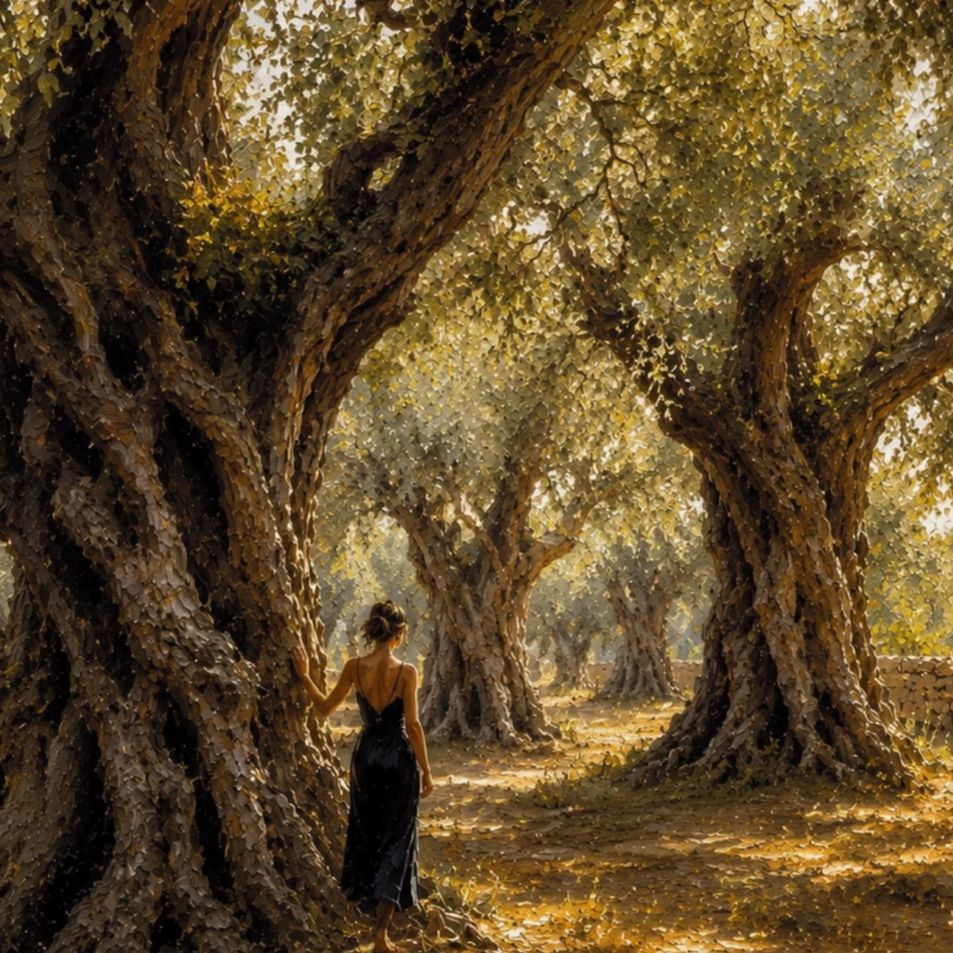 Close-up of Mediterranean olive grove wall art with ancient tree trunks, golden light, and a lone female figure.