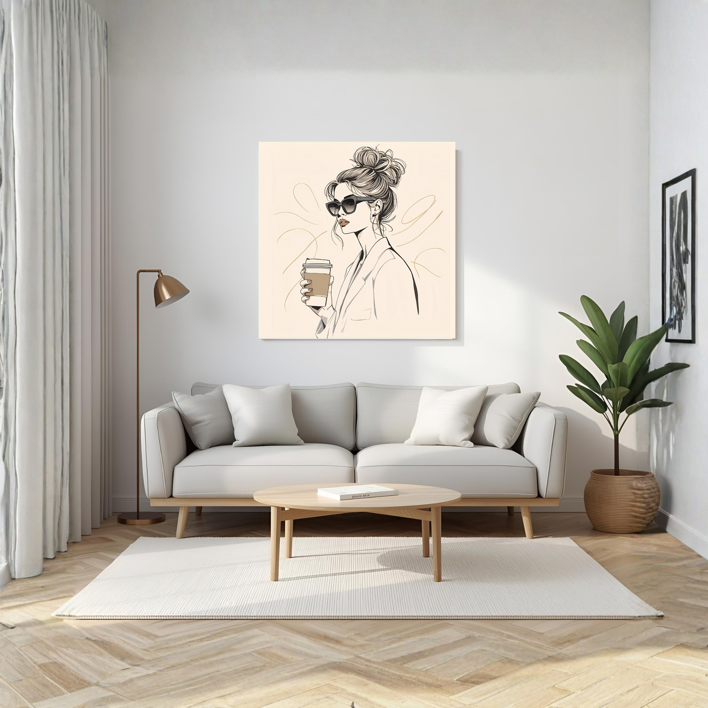 Beige Line-Art Coffee Girl – 16×16 Minimal Fashion Canvas Wall Art - LunarHeartCo