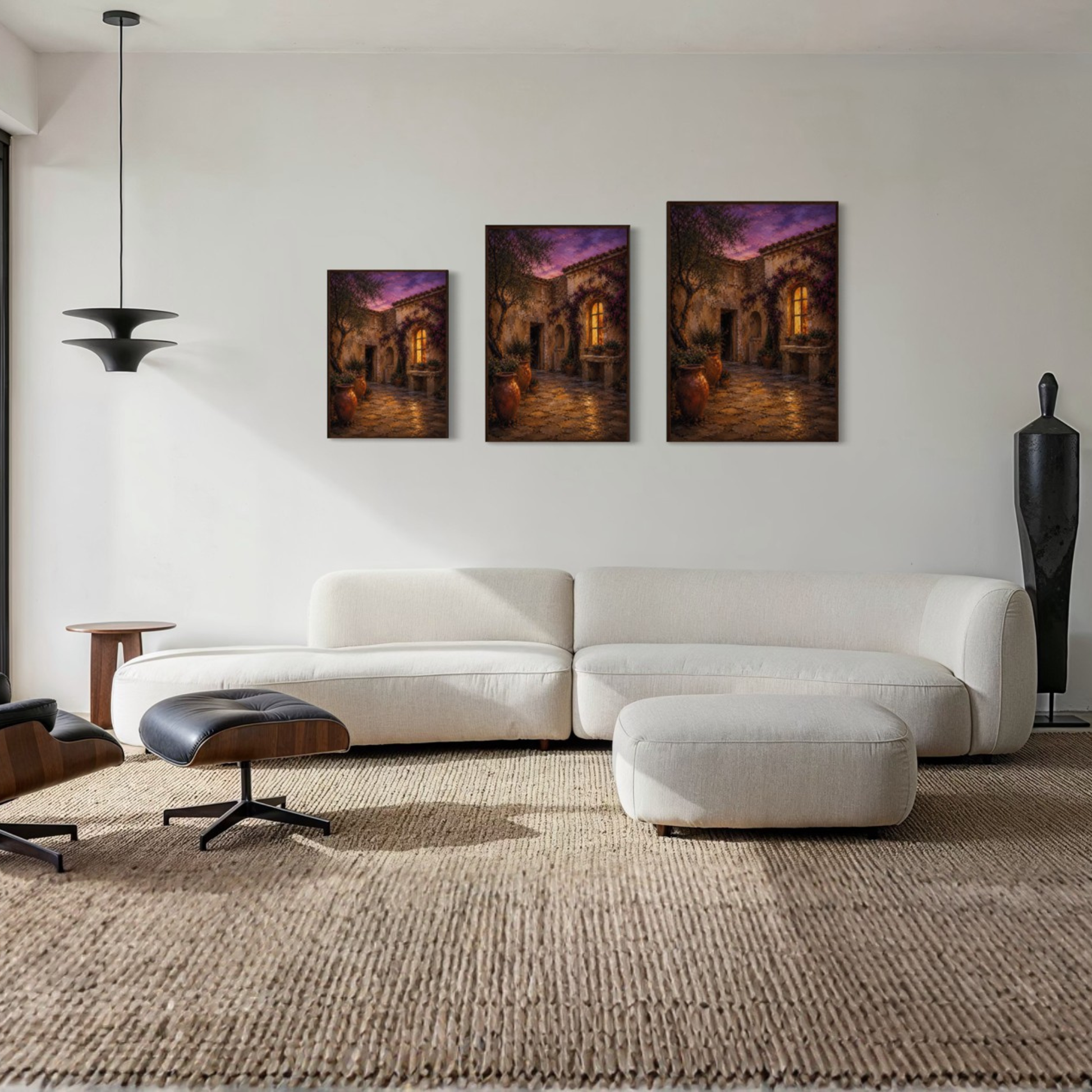 Night Courtyard Mediterranean framed art print displayed in a warm luxury interior.