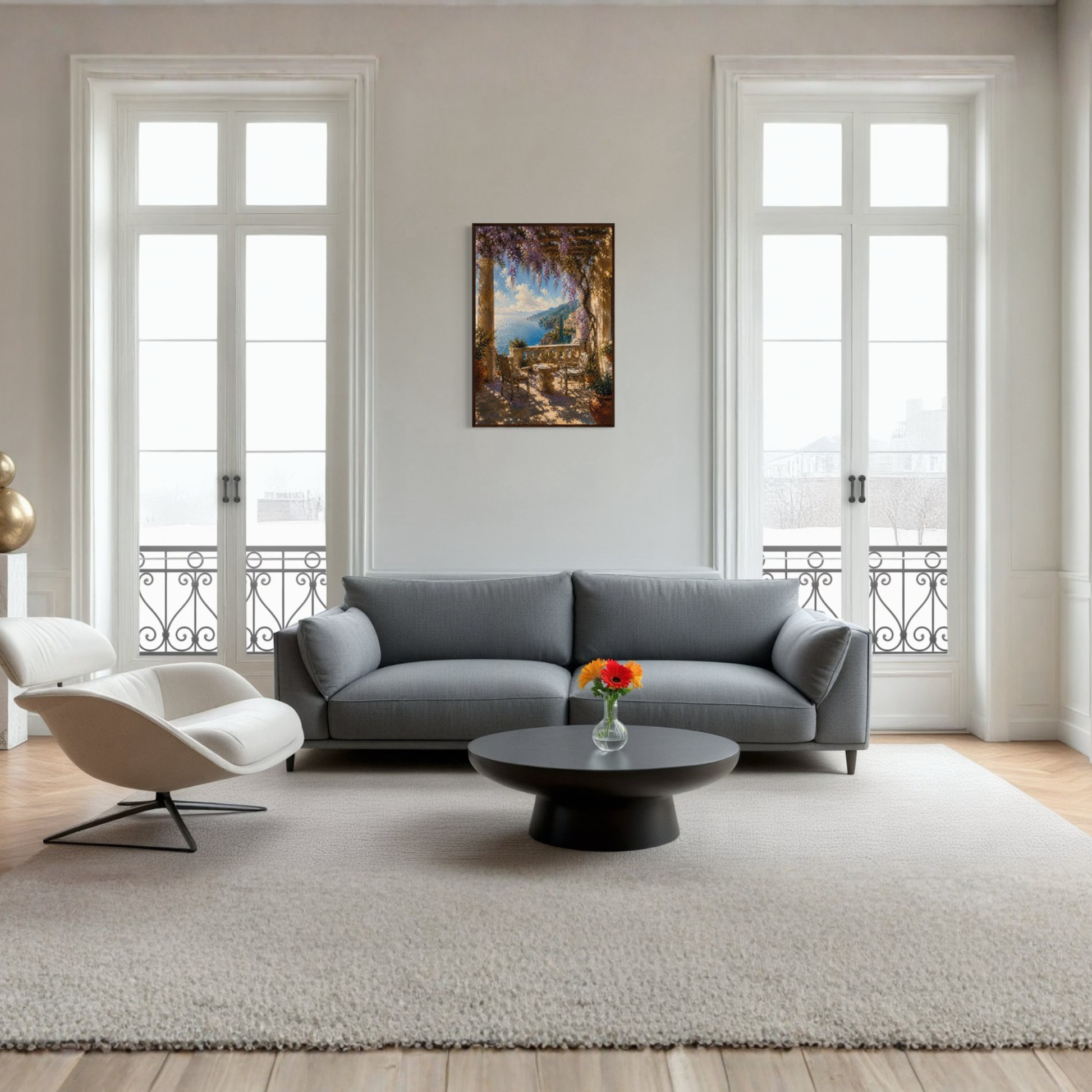 Framed wall art print titled "The Terrace" featuring Mediterranean landscape scene by LunarHeartCo, suitable for home decor.